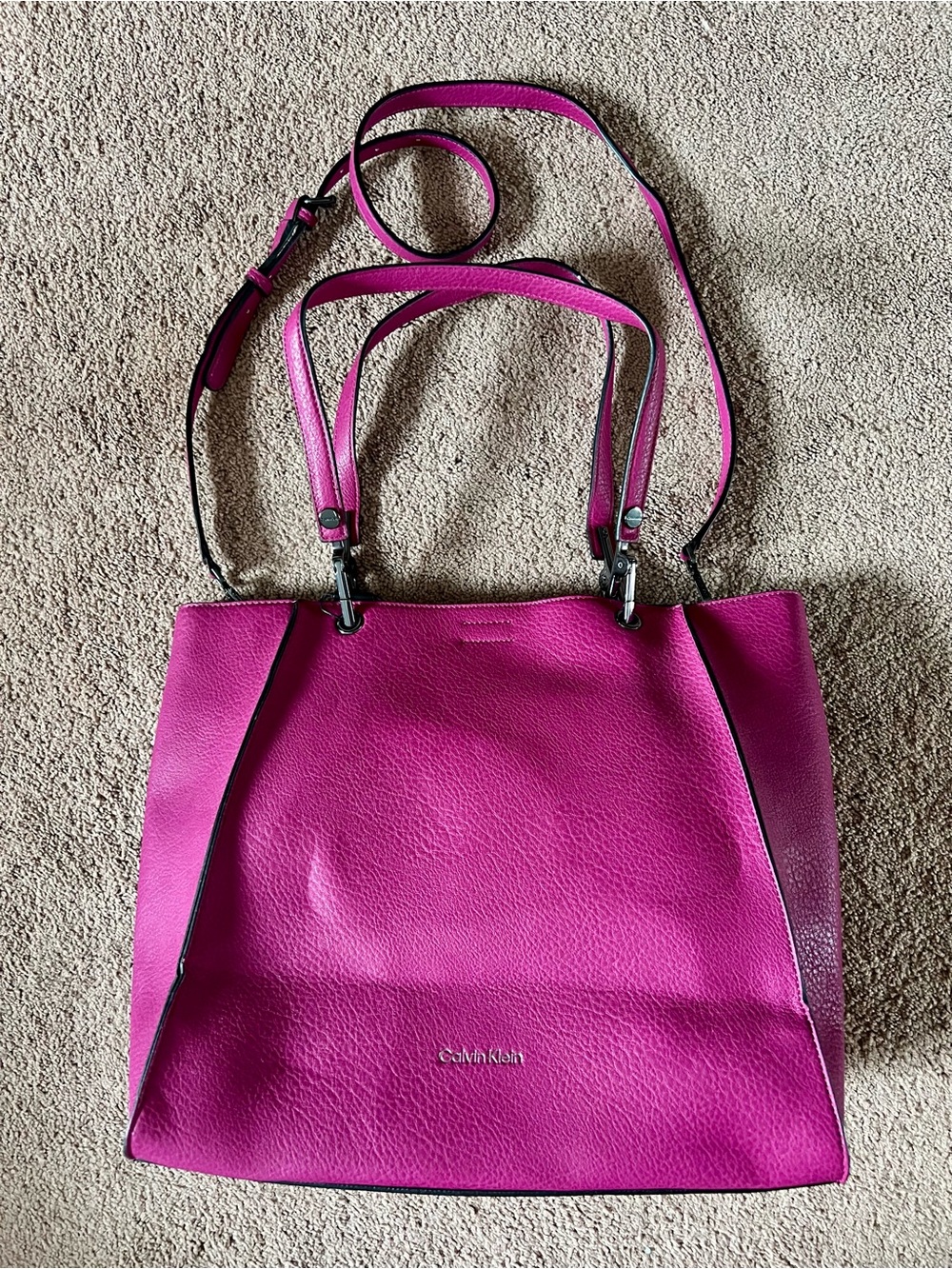Calvin Klein Bright Fuchsia Pebbled Leather Tote with Crossbody Strap